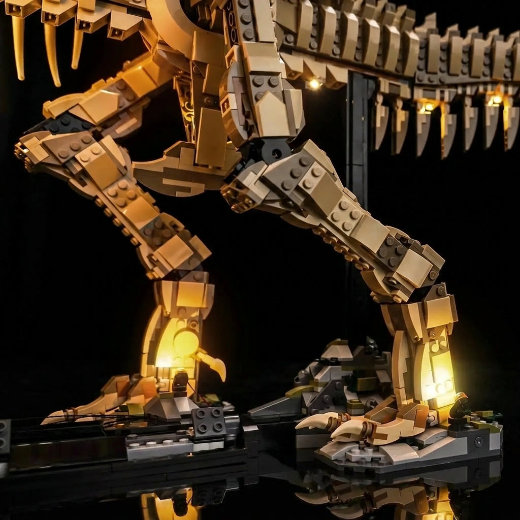 LEGO® Jurassic World Dinosaur Fossils: Tyrannosaurus rex #76968 illuminated at night, with the DIY LED light kit