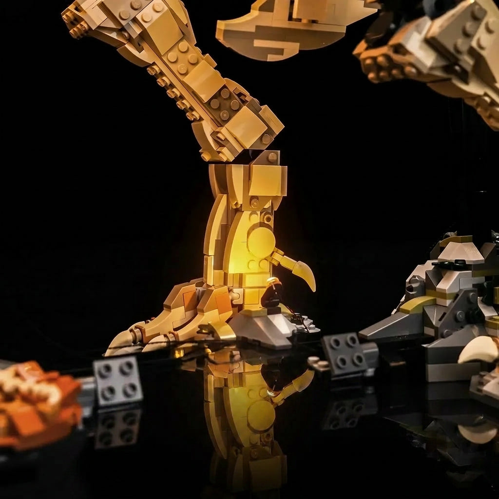 custom LED lighting for LEGO® Jurassic World Dinosaur Fossils: Tyrannosaurus rex #76968, before-and-after lighting