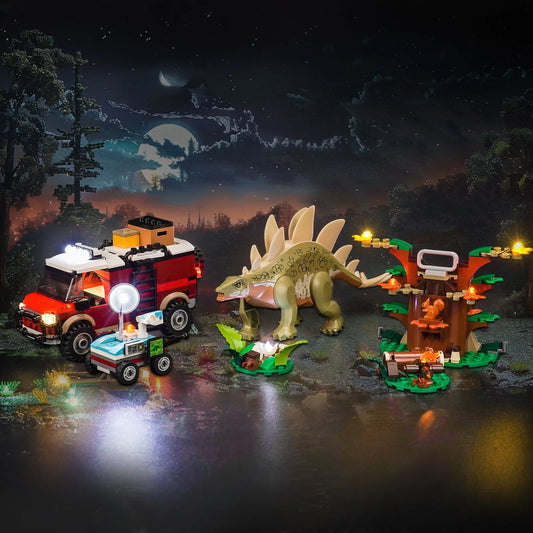 LED lighting kit for LEGO® Jurassic World Dinosaur Missions: Stegosaurus Discovery #76965, front view fully lit