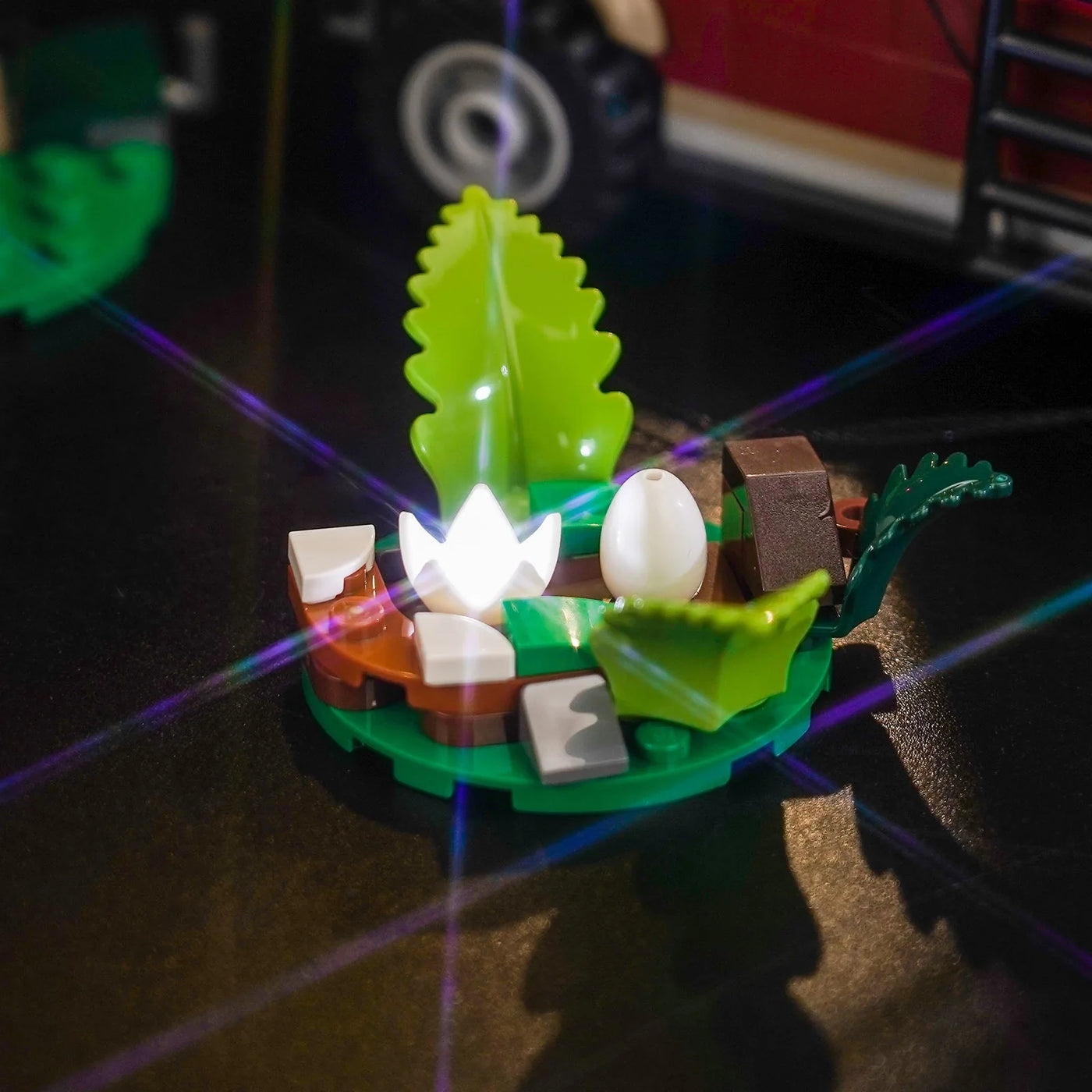 LEGO® Jurassic World Dinosaur Missions: Stegosaurus Discovery #76965 — fully illuminated on display (RGB LED light kit)