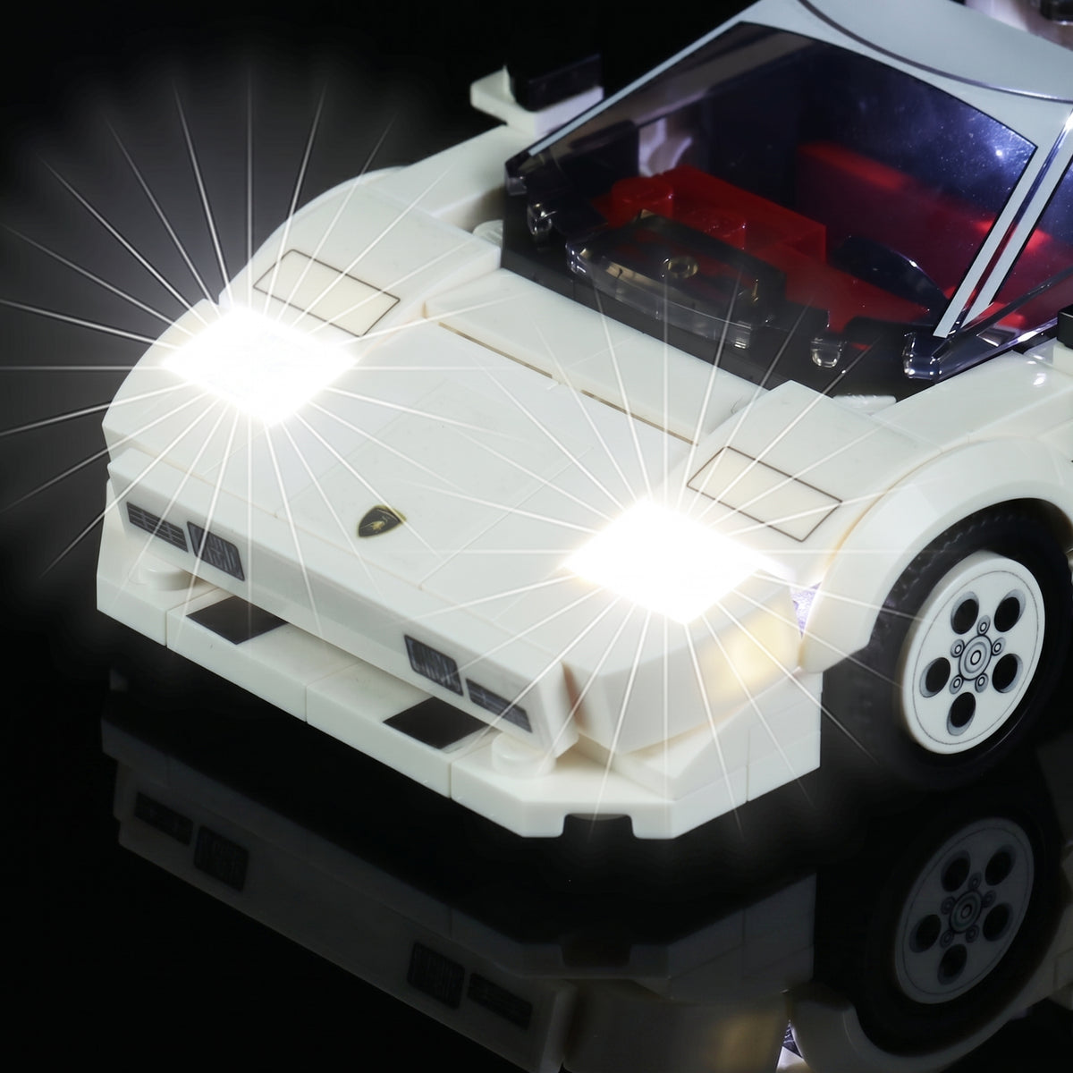 Bright My Bricks LED light kit for LEGO® Lamborghini Countach #76908 — fully illuminated on display