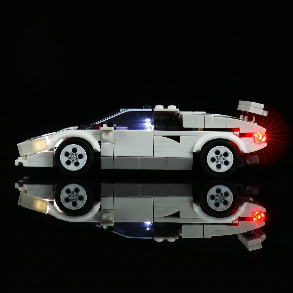 side angle with lights on: Bright My Bricks LED lights for LEGO® Lamborghini Countach #76908