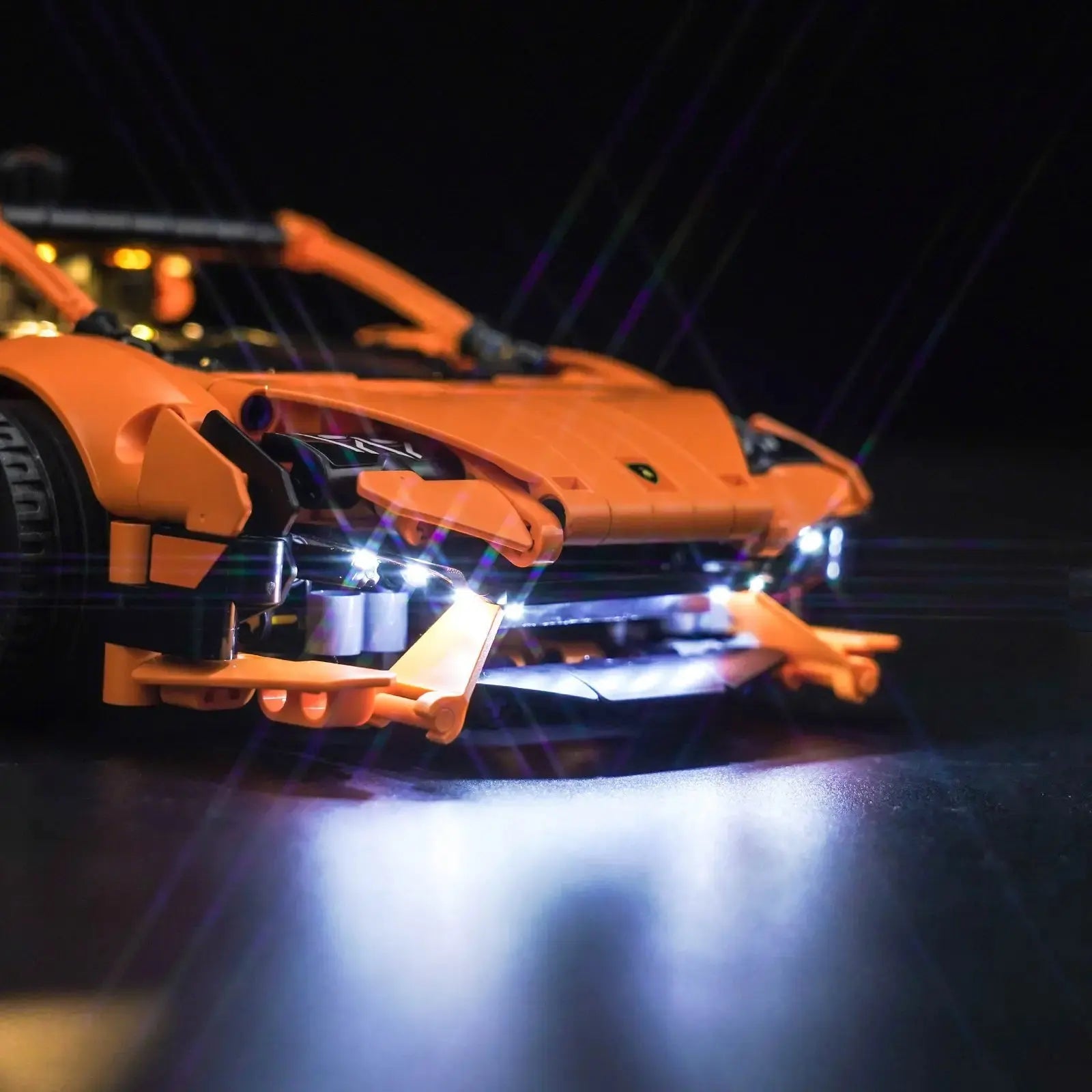 LEGO Lamborghini Huracán Tecnica Orange #42196 lit up - front angle