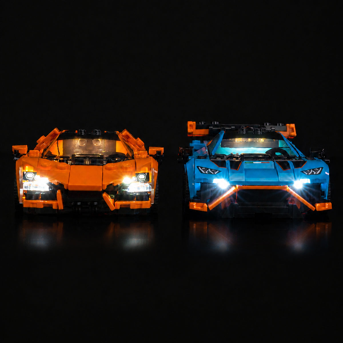 side angle with lights on: Bright My Bricks custom LED lighting for LEGO® Lamborghini Revuelto & Huracán STO #77238