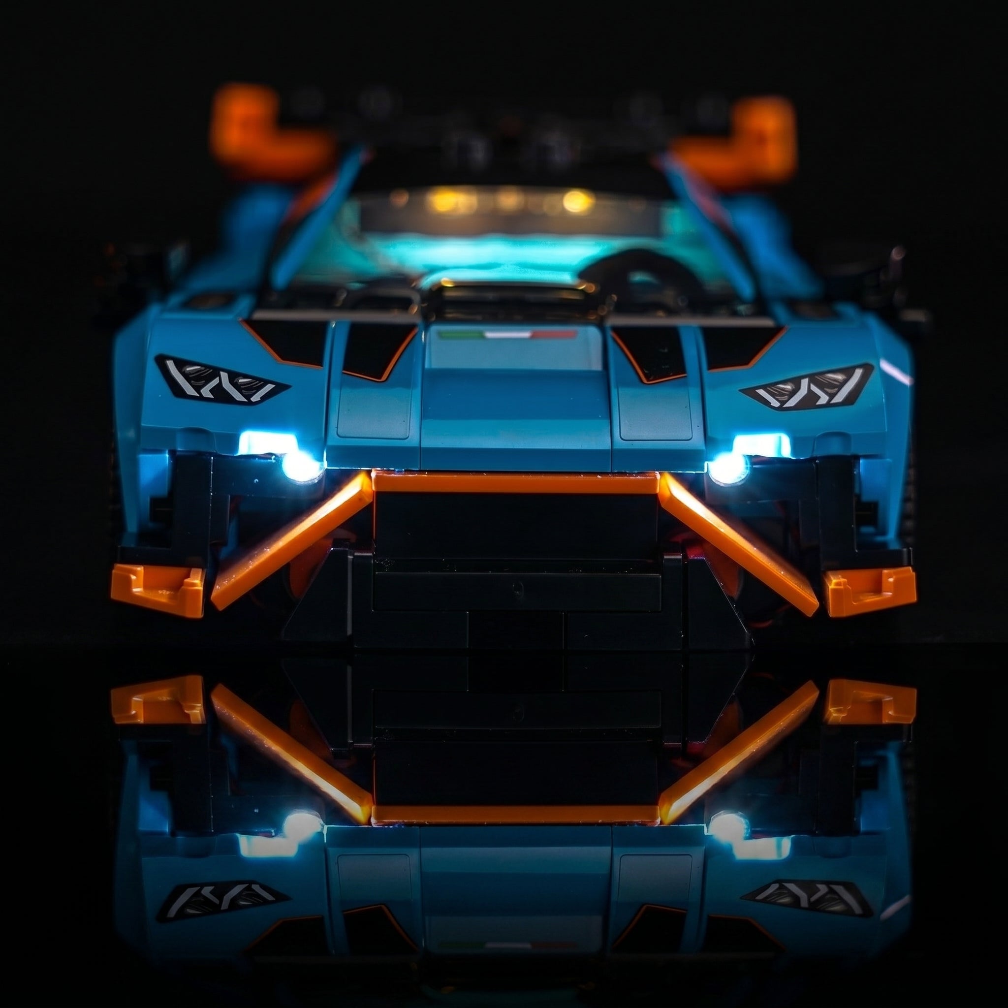 LEGO® Lamborghini Revuelto & Huracán STO #77238 — LED kit powered on (USB-powered LED light kit)