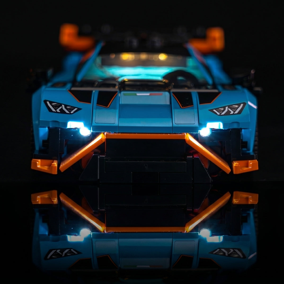 LEGO® Lamborghini Revuelto & Huracán STO #77238 — LED kit powered on (USB-powered LED light kit)