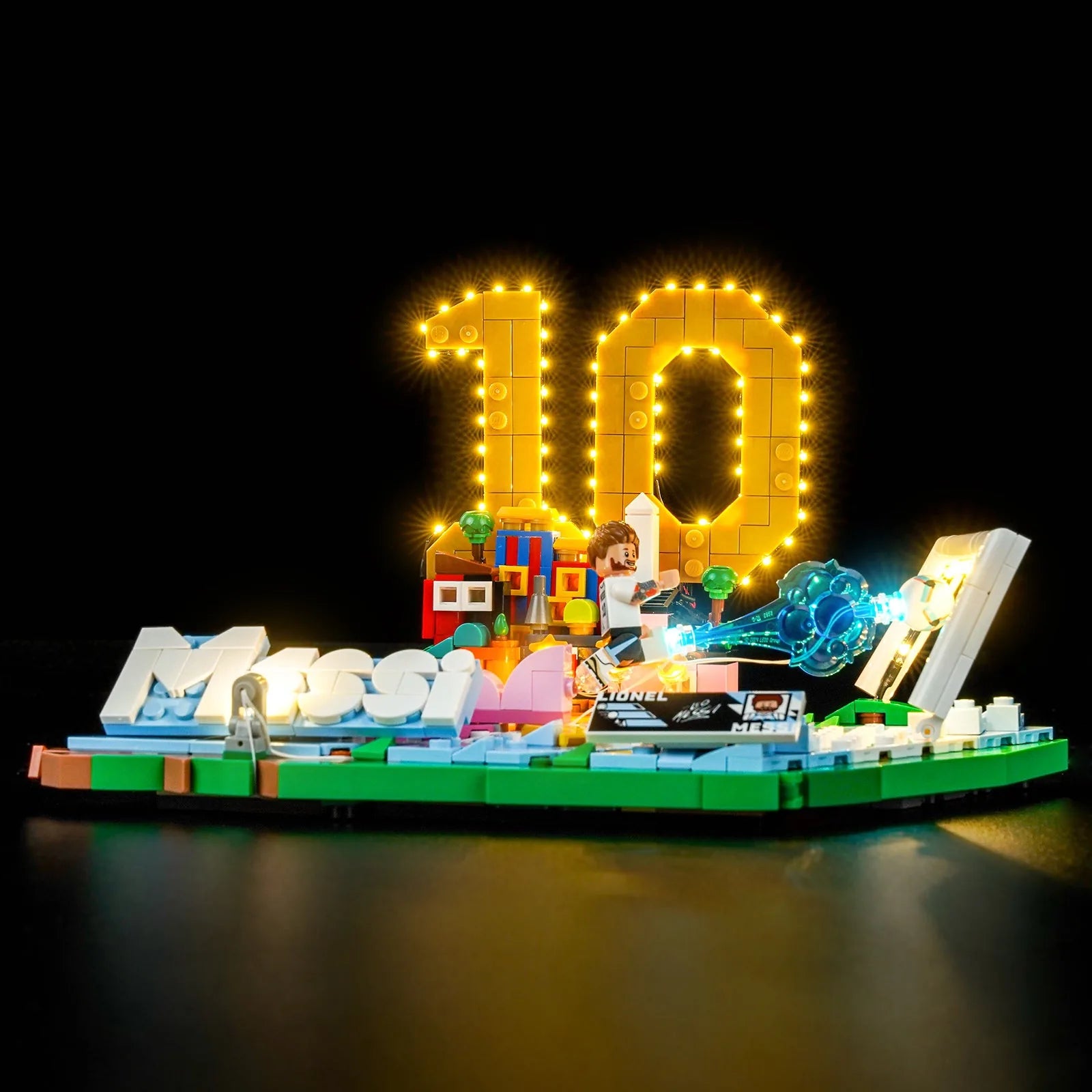 LEGO Lionel Messi Soccer Highlights #43011 illuminated at night