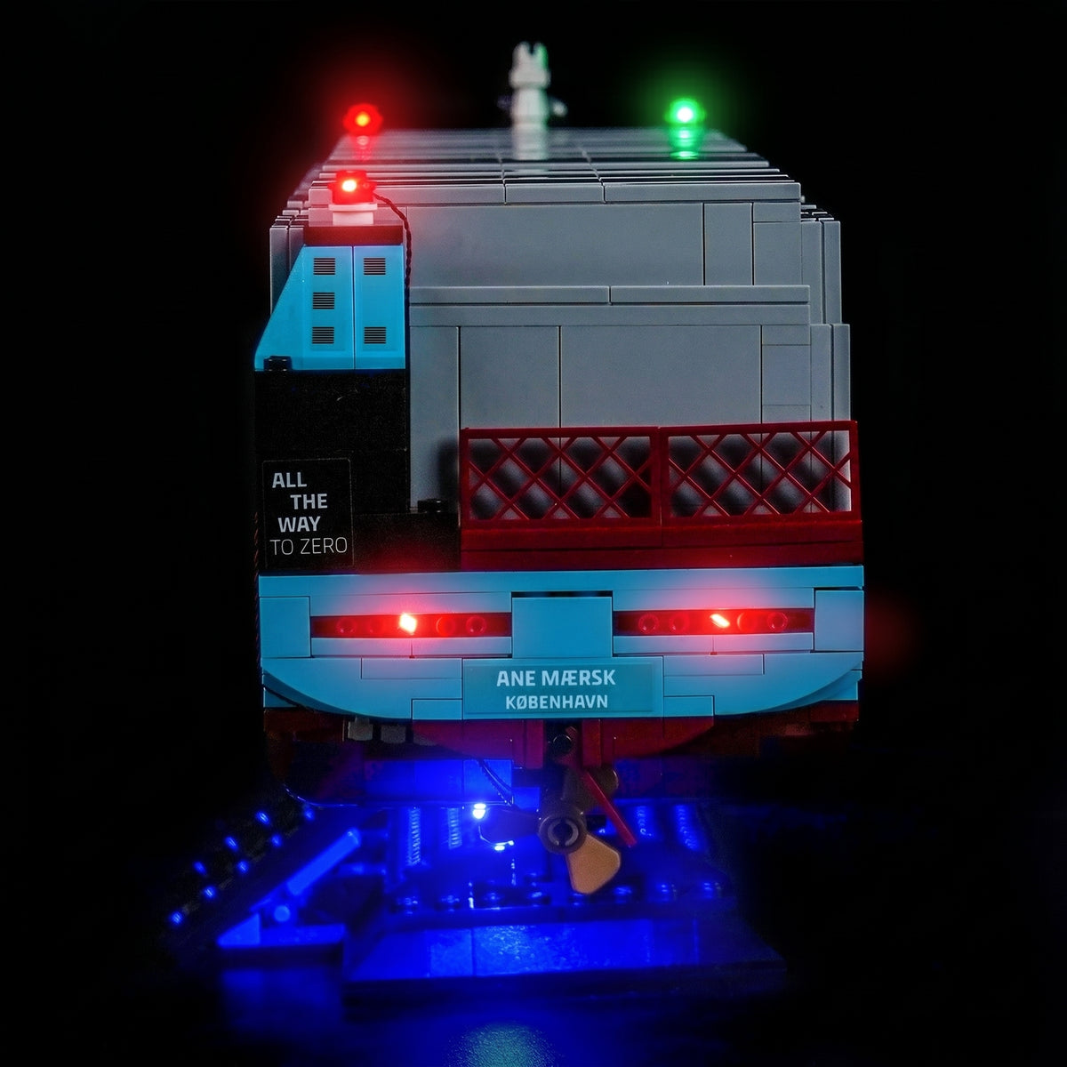 LEGO® Maersk Dual-Fuel Container Vessel #40955 — illuminated at night (LED lighting kit)