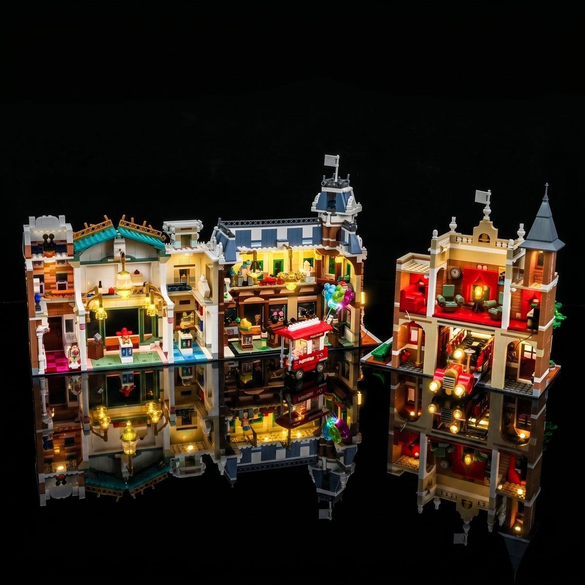 Bright My Bricks display light kit for LEGO® Main Street, U.S.A. #43302 — showcase lighting view