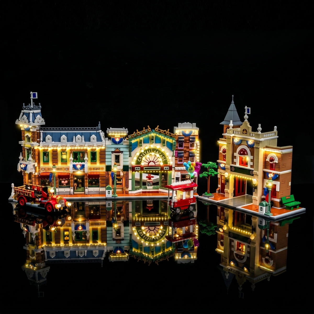 LED lights for LEGO® Main Street, U.S.A. #43302, before-and-after lighting