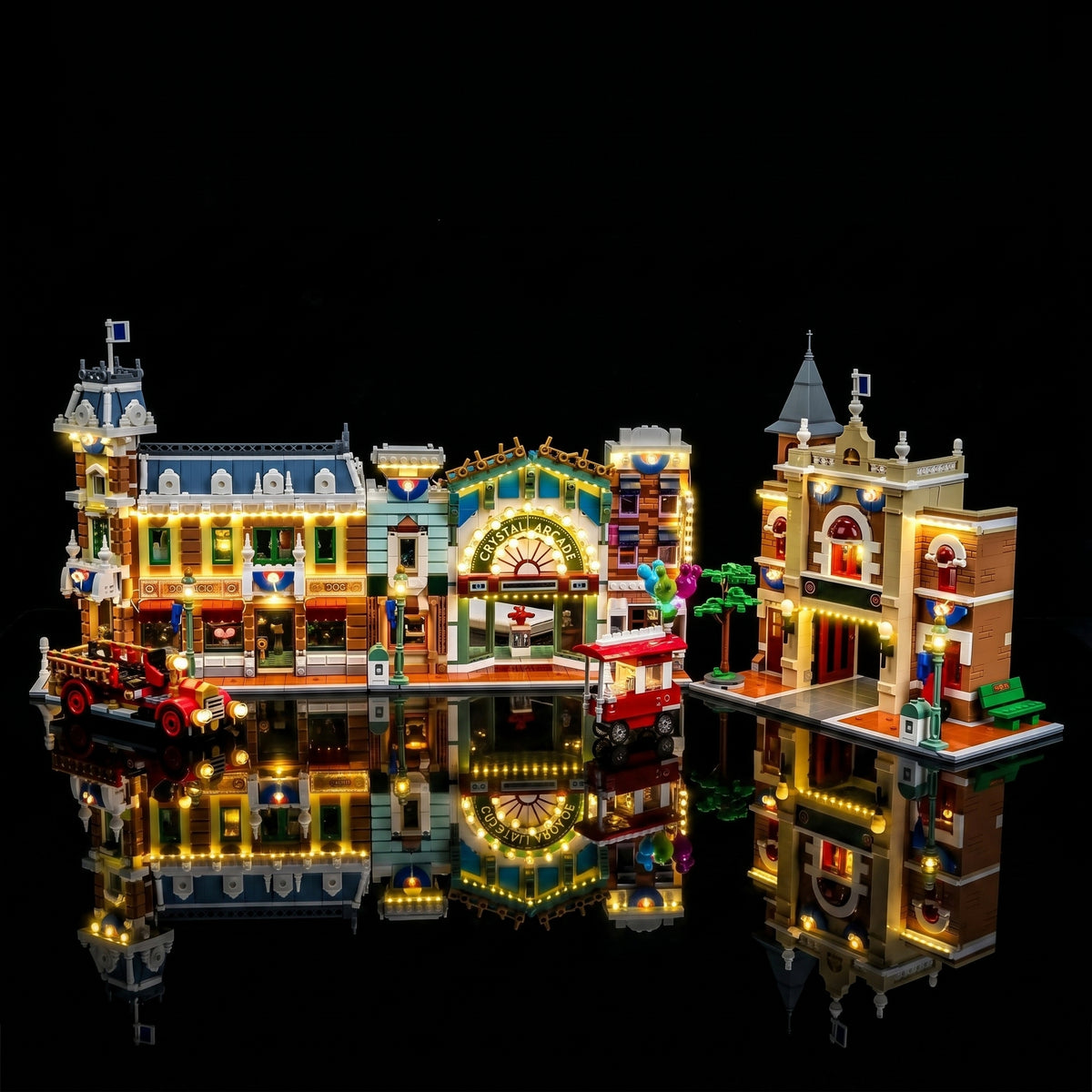 LED kit powered on: Bright My Bricks USB-powered LED light kit for LEGO® Main Street, U.S.A. #43302