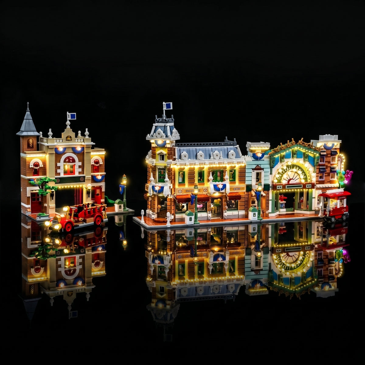 LEGO® Main Street, U.S.A. #43302 — front view fully lit (light kit)