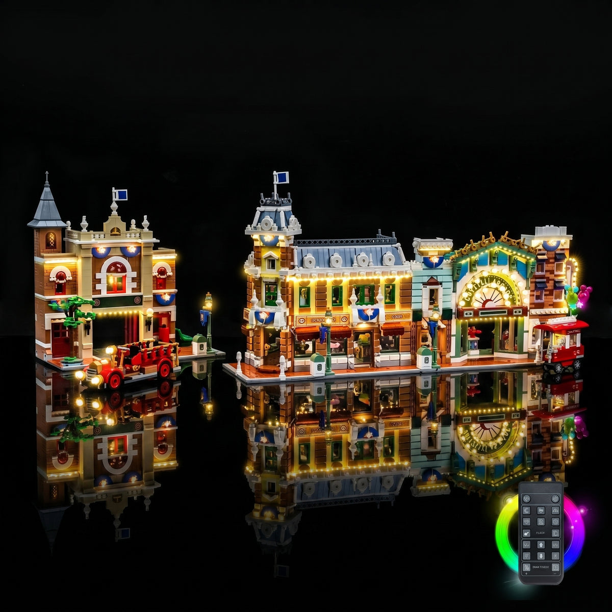 LEGO® Main Street, U.S.A. #43302 night-mode display glow, with the LED light kit