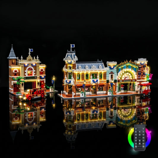 LEGO® Main Street, U.S.A. #43302 night-mode display glow, with the LED light kit