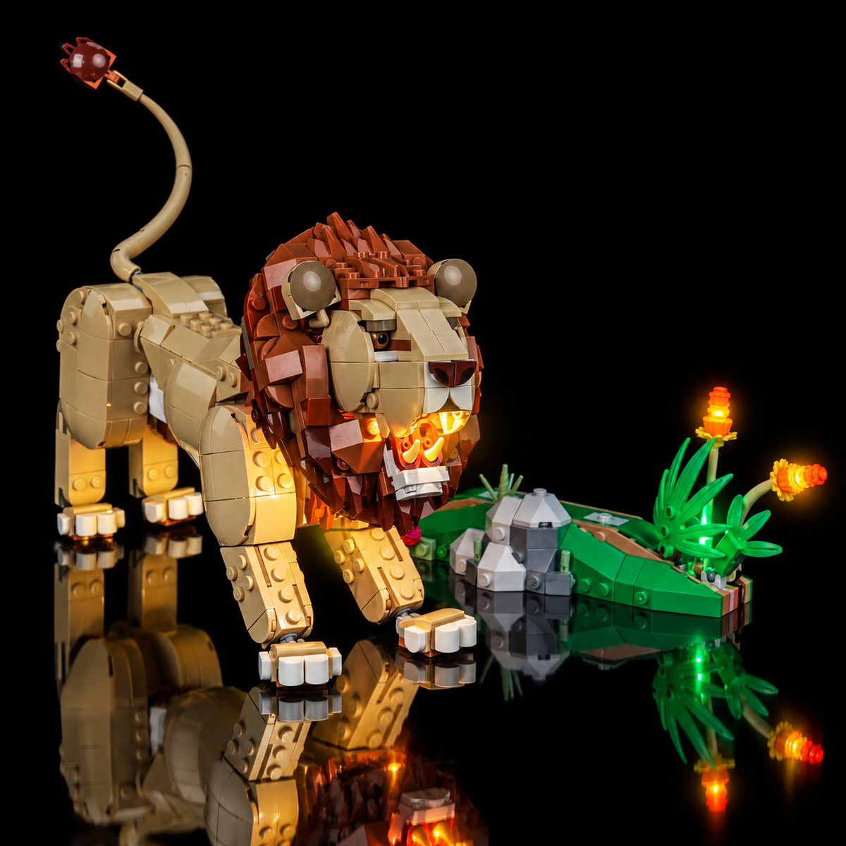 Dreiviertelansicht des LEGO Majestätischen Löwen 31386 mit LED-Beleuchtungsset