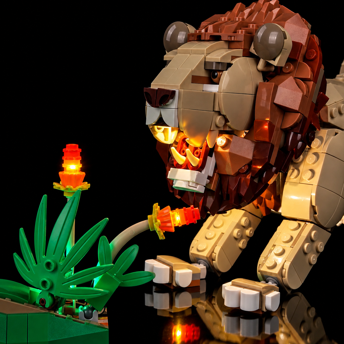 LED-Kit für LEGO Löwe 31386: Detailansicht des beleuchteten Mauls und der Savannenblüten
