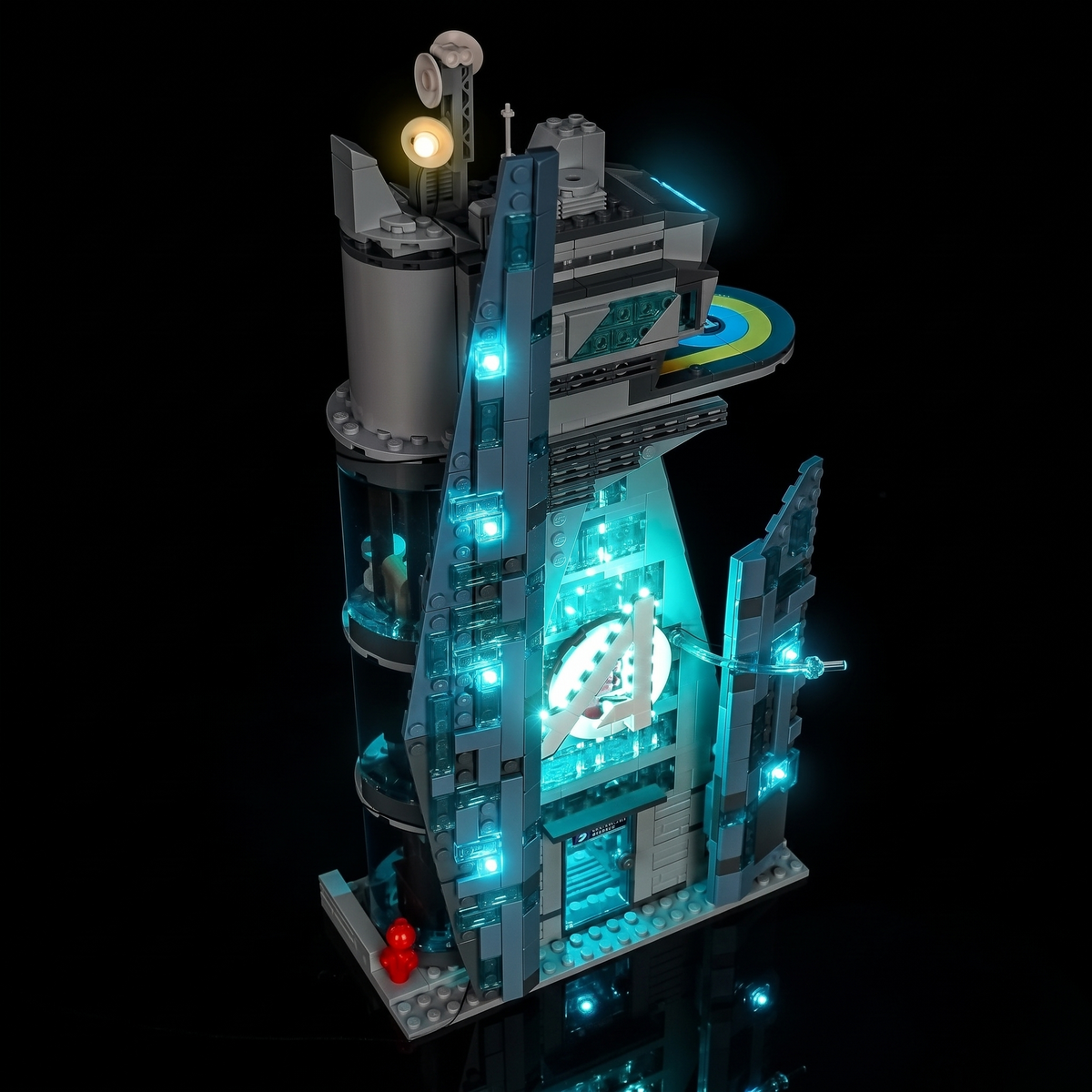 Left-front view of LEGO® Avengers: Doomsday New Avengers Tower #76352 with cinematic LED lighting