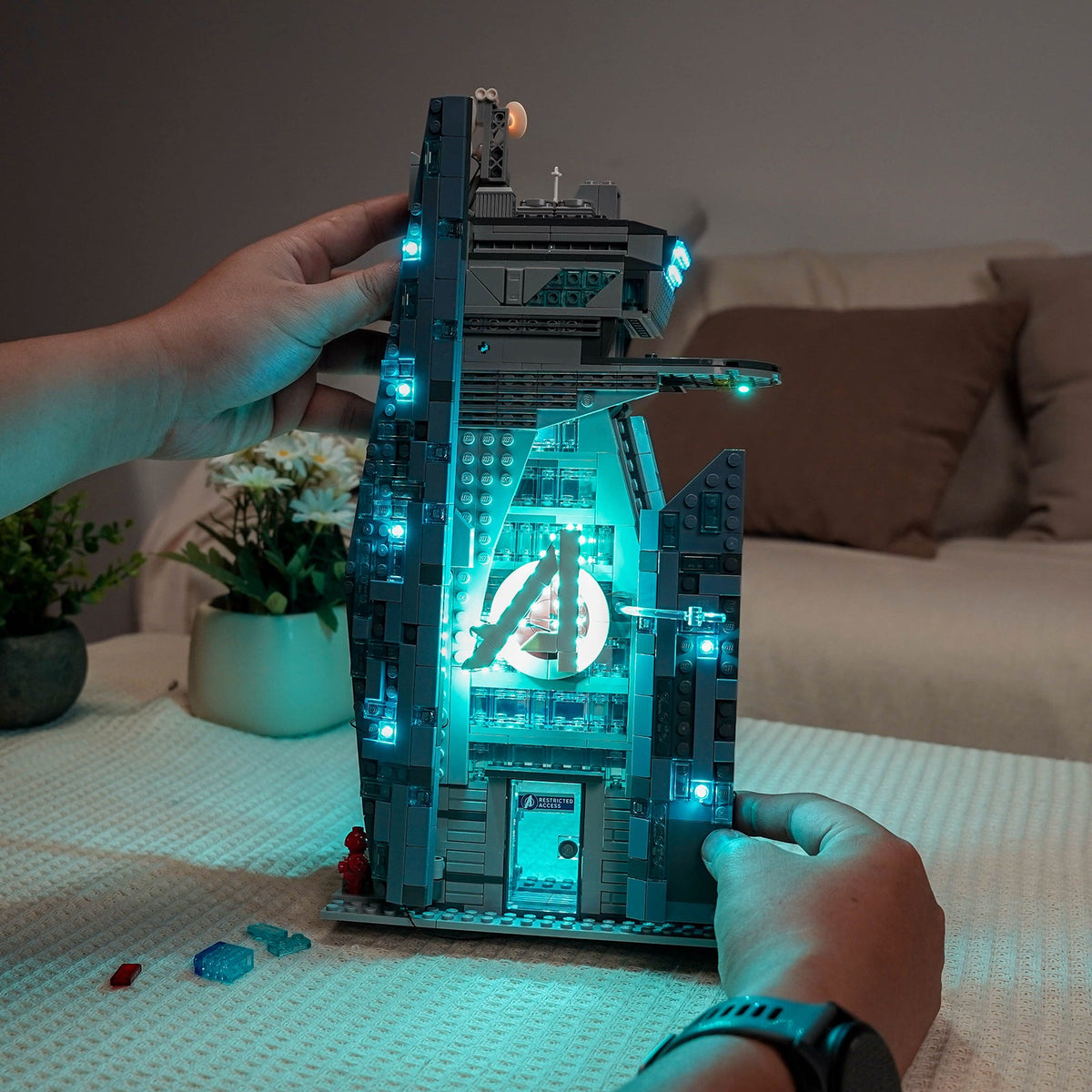 Close view of LED placement across LEGO® Avengers: Doomsday New Avengers Tower #76352