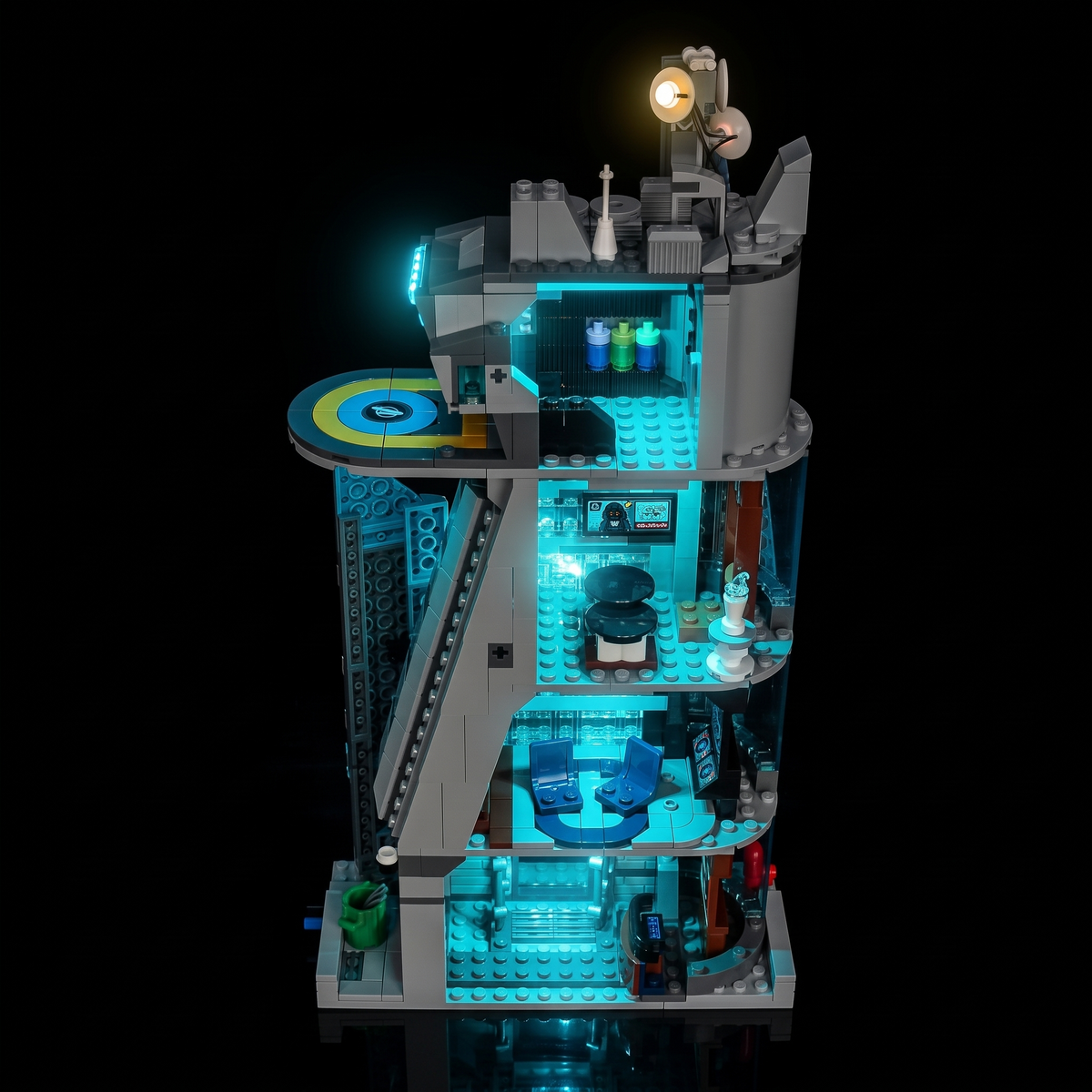 Open rear rooms of LEGO® Avengers: Doomsday New Avengers Tower #76352 highlighted by LED lights