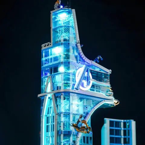 installed and glowing: Bright My Bricks DIY LED light kit for LEGO® Marvel Avengers Tower #76269