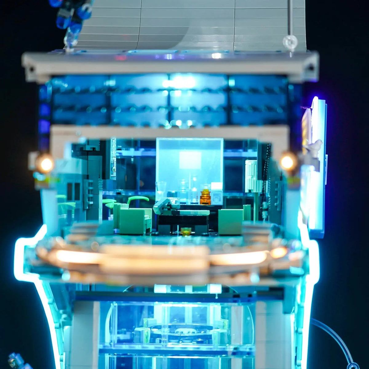 LEGO® Marvel Avengers Tower #76269 brightened interior detail, with the premium LED light kit