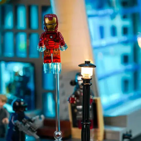illuminated at night: Bright My Bricks premium LED light kit for LEGO® Marvel Avengers Tower #76269