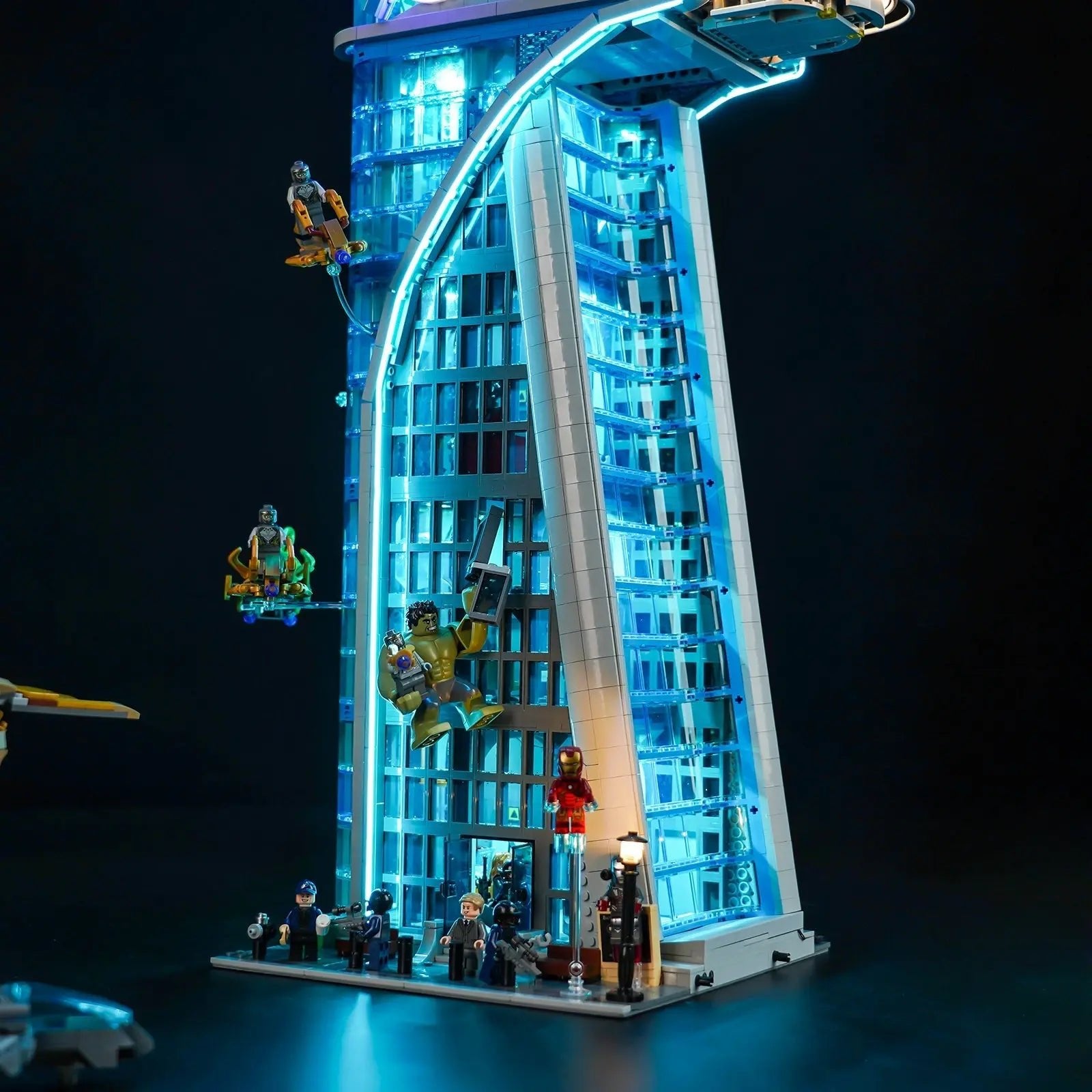 LEGO Marvel Avengers Tower #76269 illuminated at night
