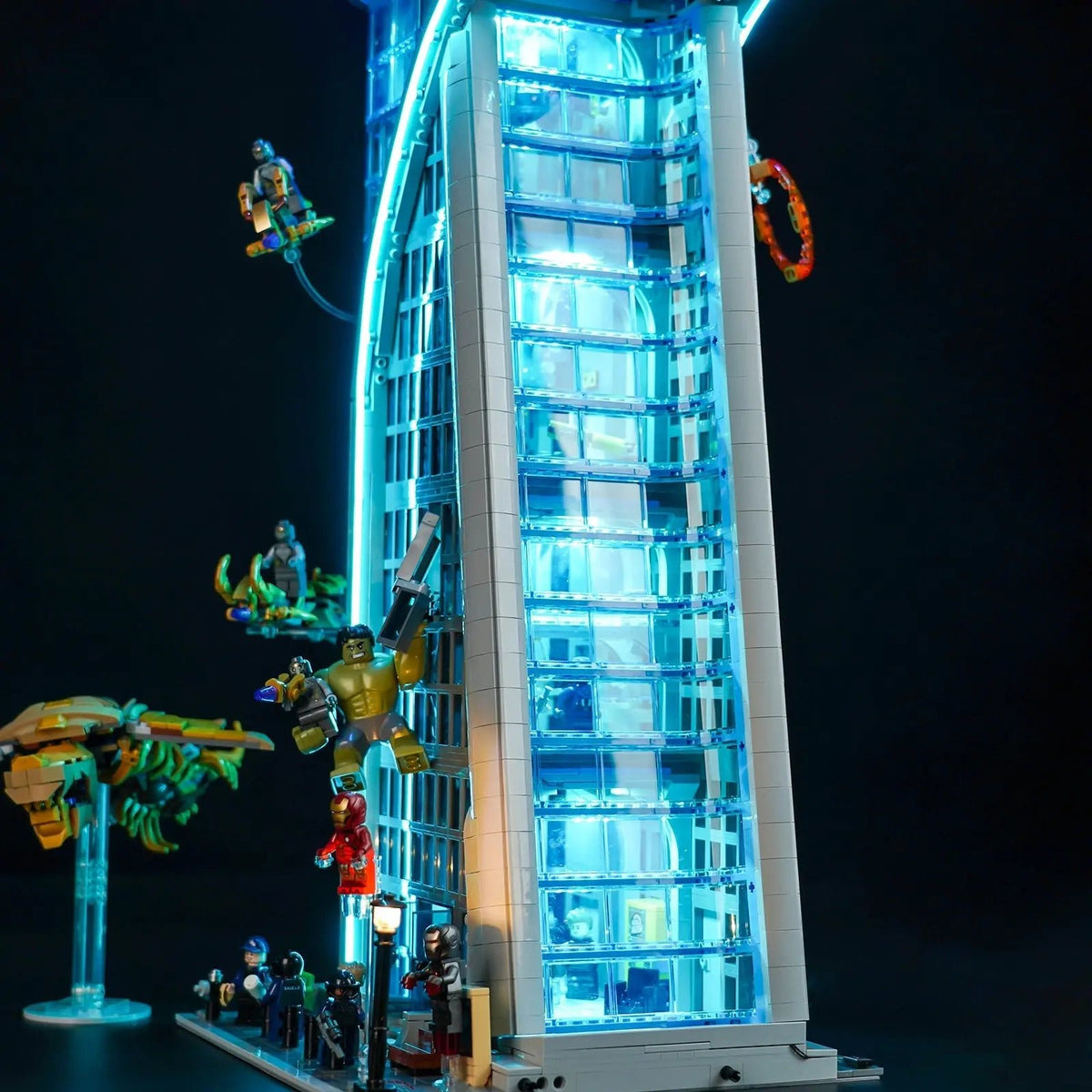 LEGO® Marvel Avengers Tower #76269 LED kit powered on, with the display light kit