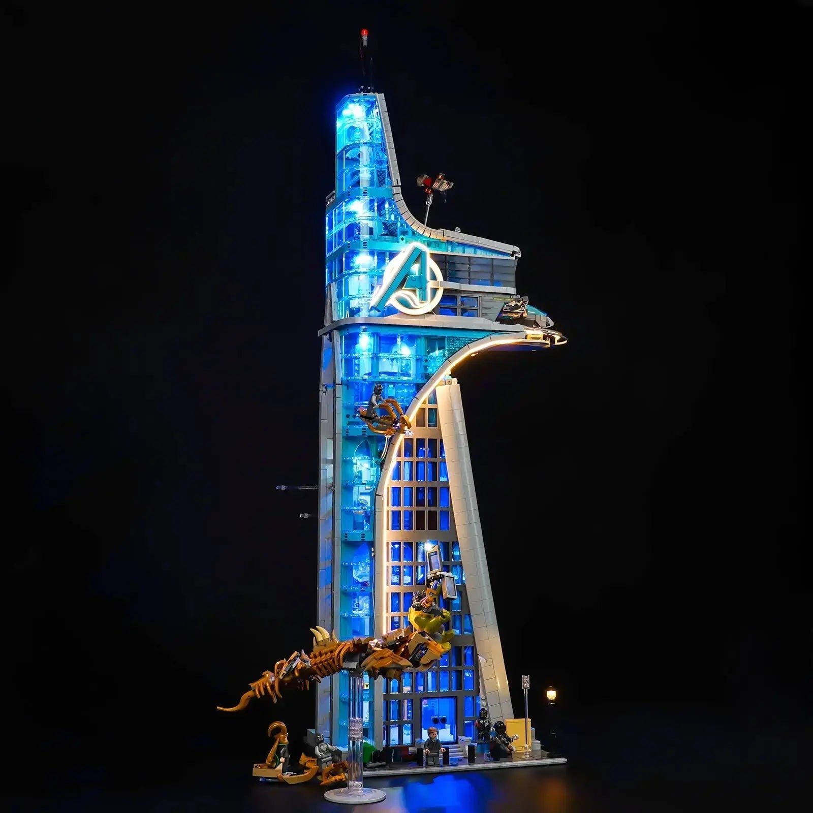 Close-up of LED lights on LEGO Marvel Avengers Tower #76269