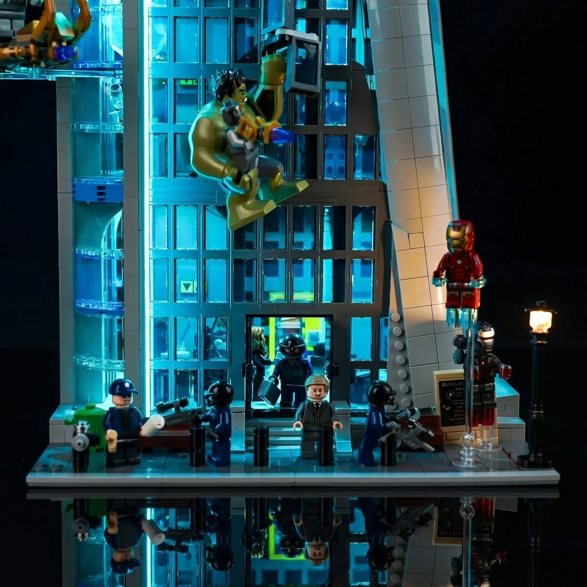 LEGO® Marvel Avengers Tower #76269 LED kit powered on, with the RGB LED light kit