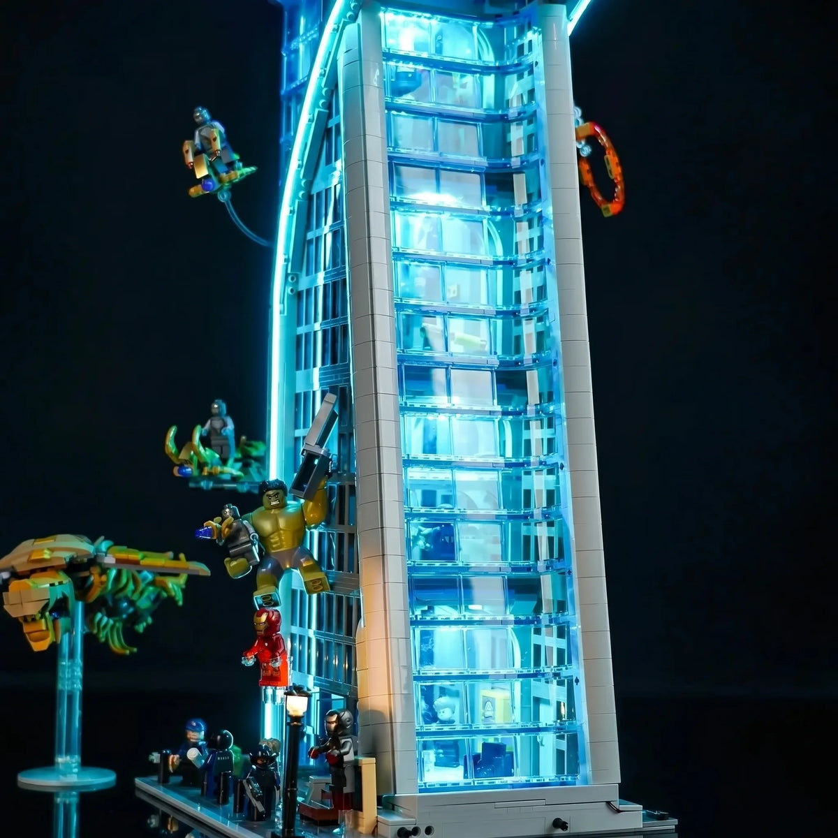 LEGO® Marvel Avengers Tower #76269 side angle with lights on, with the premium LED light kit