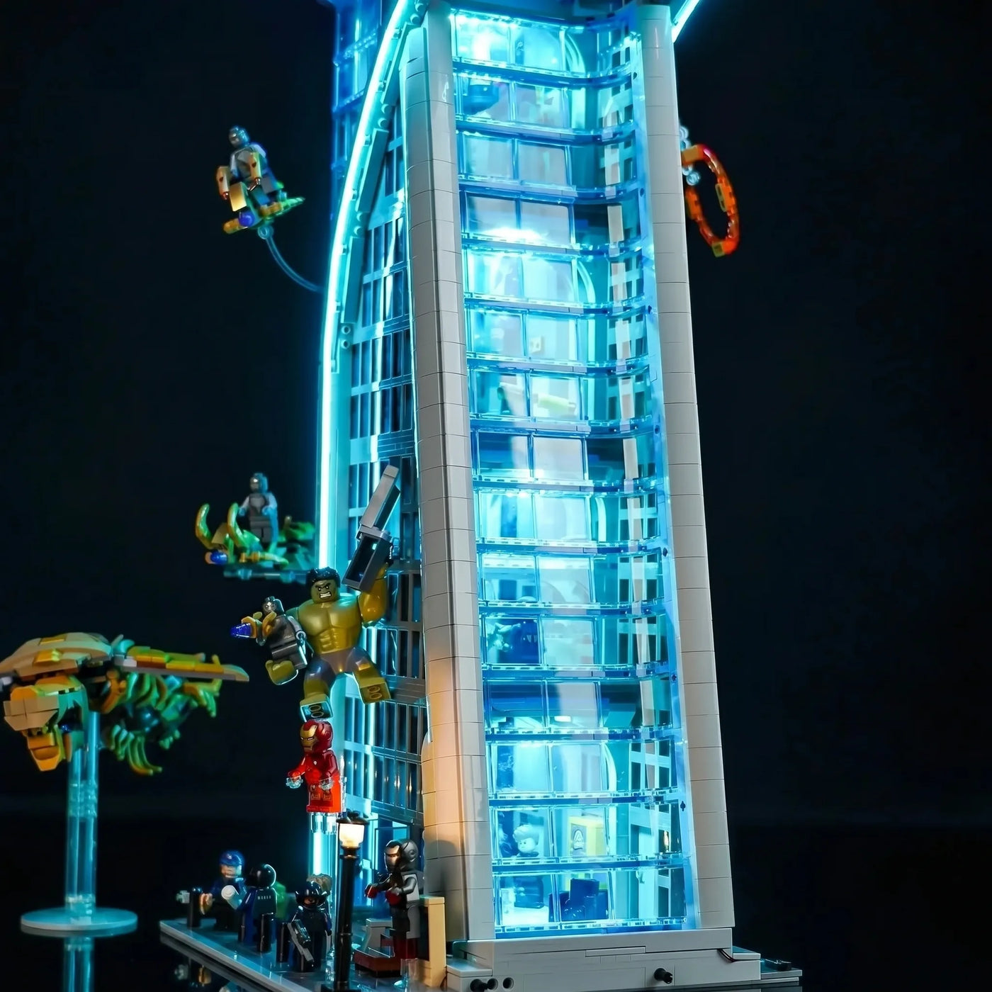 LEGO® Marvel Avengers Tower #76269 side angle with lights on, with the premium LED light kit