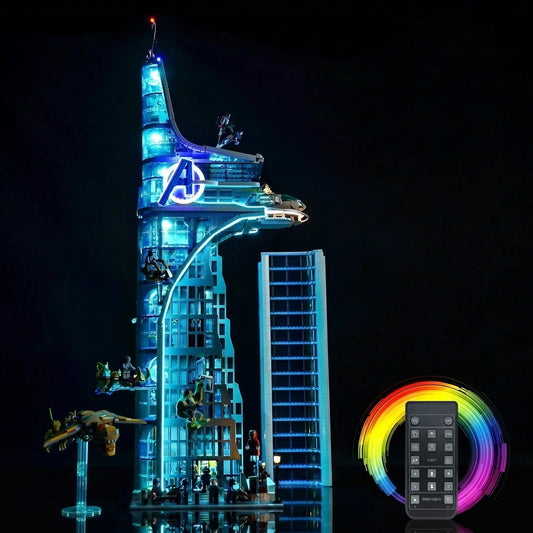 LEGO® Marvel Avengers Tower #76269 — front view fully lit (LED light kit)