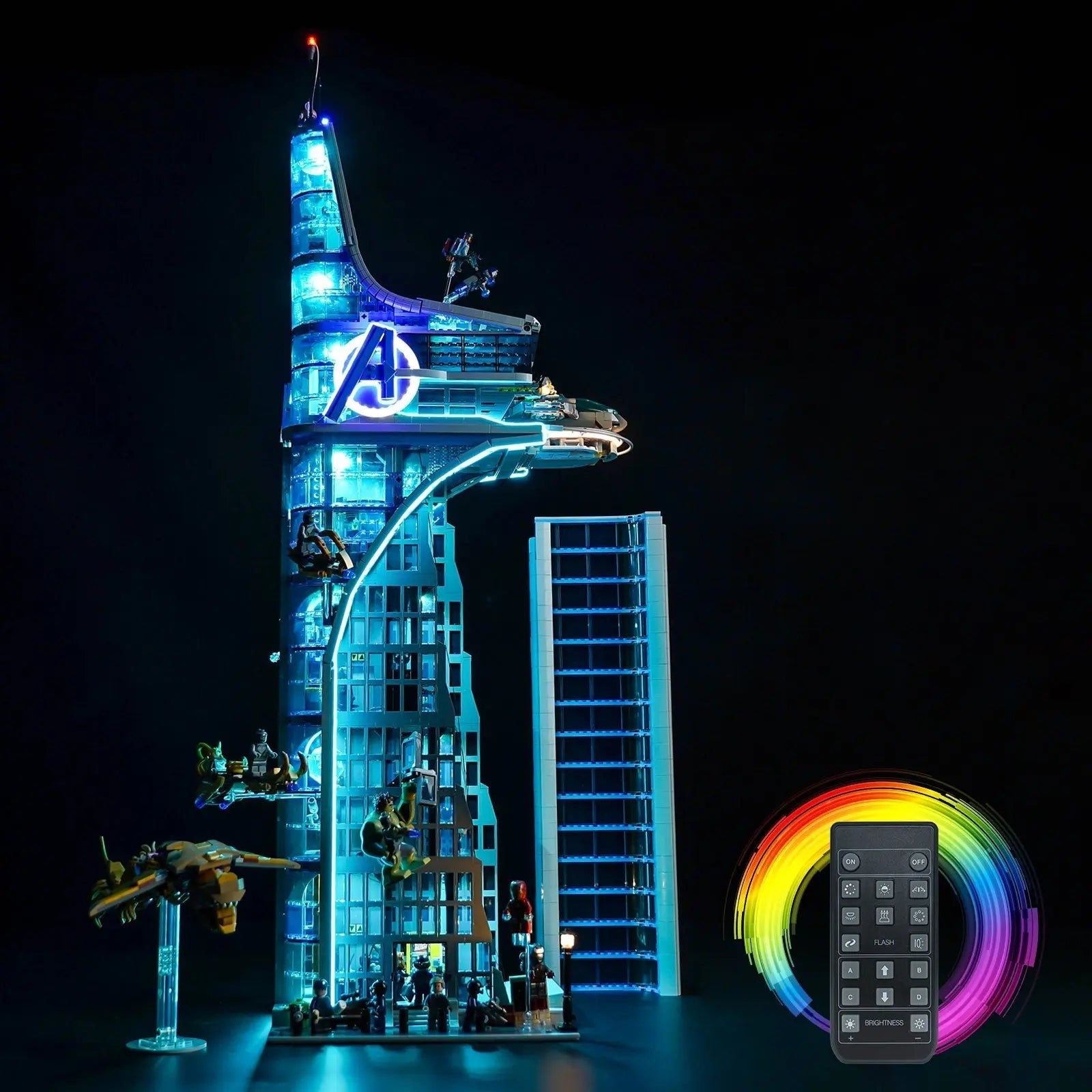 LEGO Marvel Avengers Tower #76269 illuminated at night
