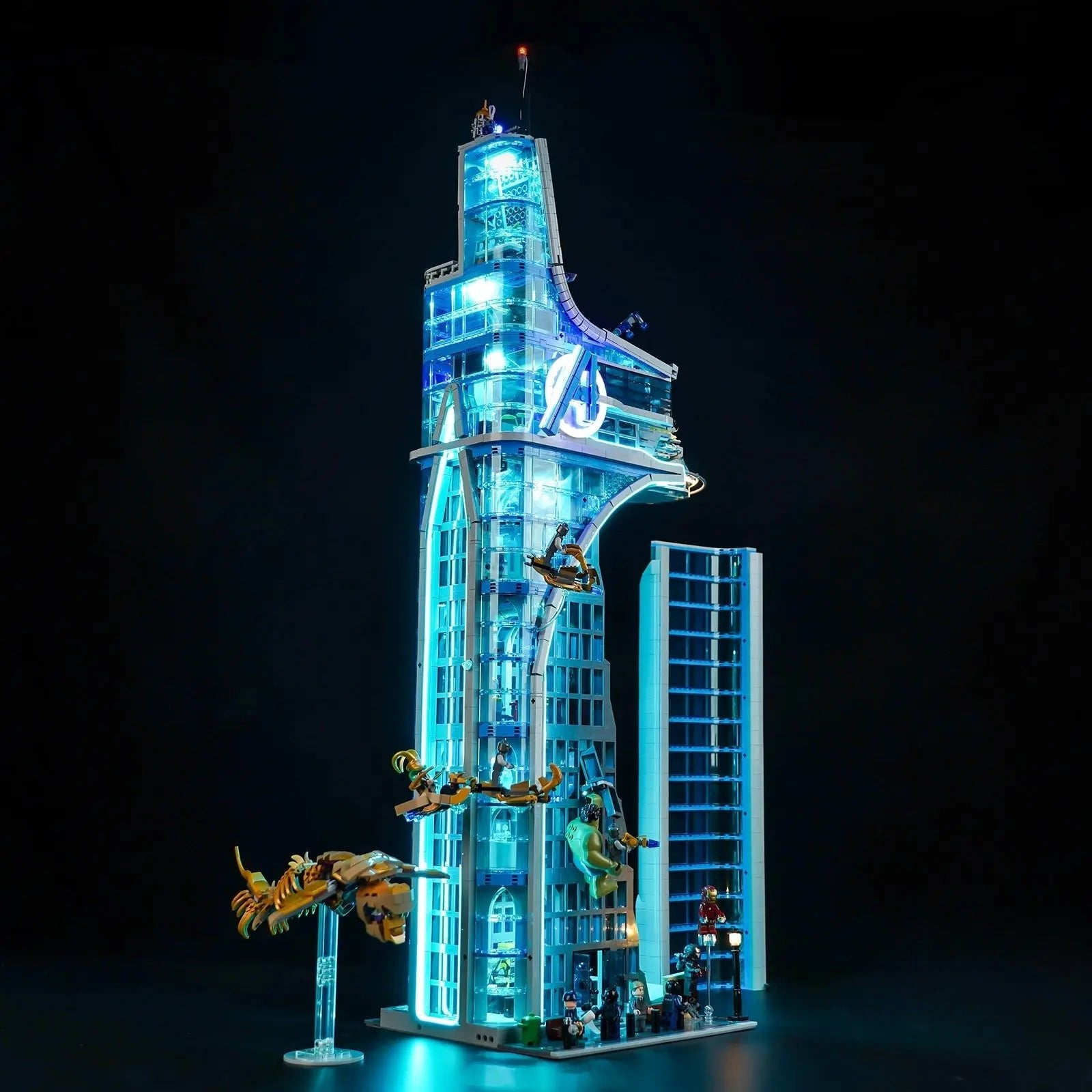 LEGO Marvel Avengers Tower #76269 illuminated at night
