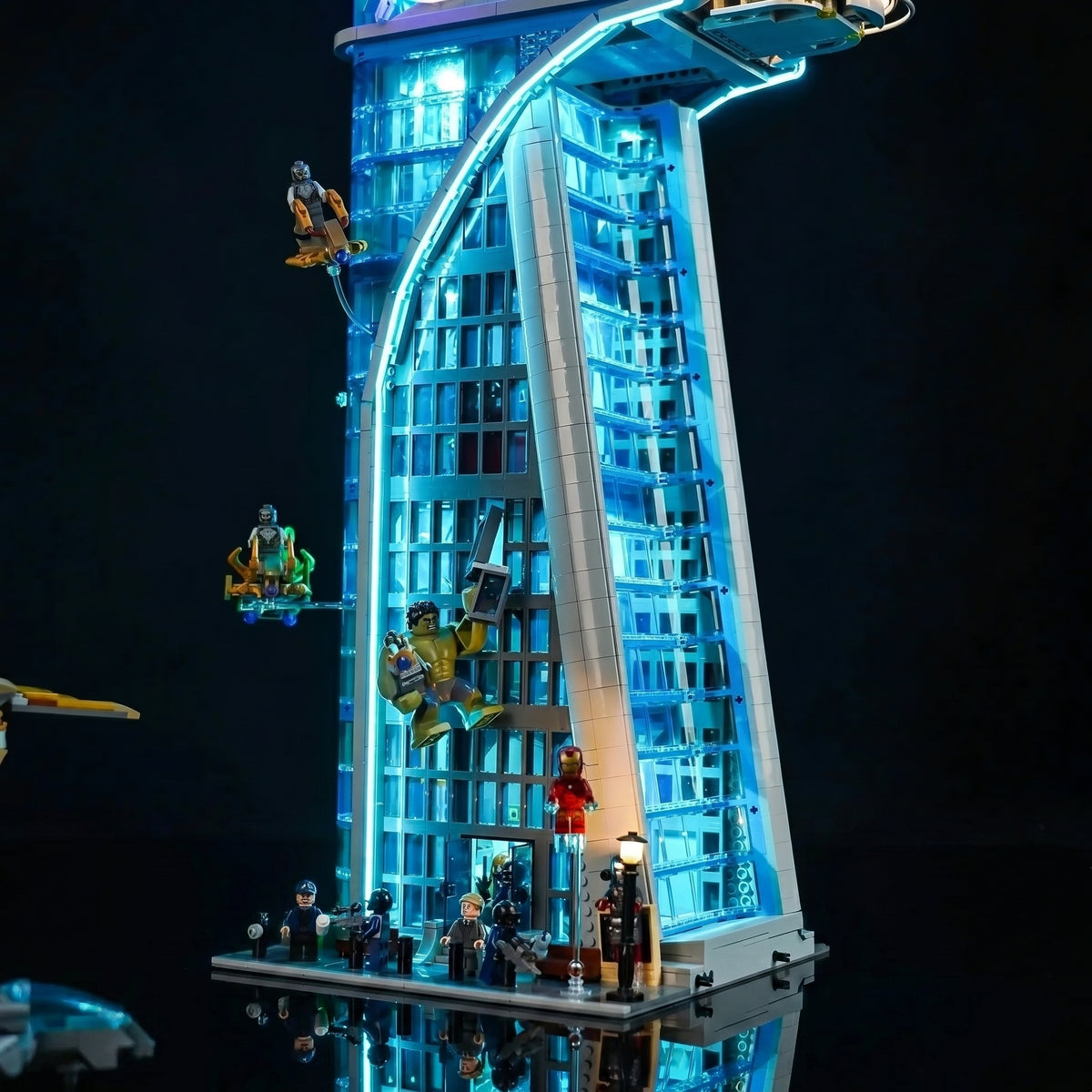 LEGO® Marvel Avengers Tower #76269 — illuminated at night (premium LED light kit)