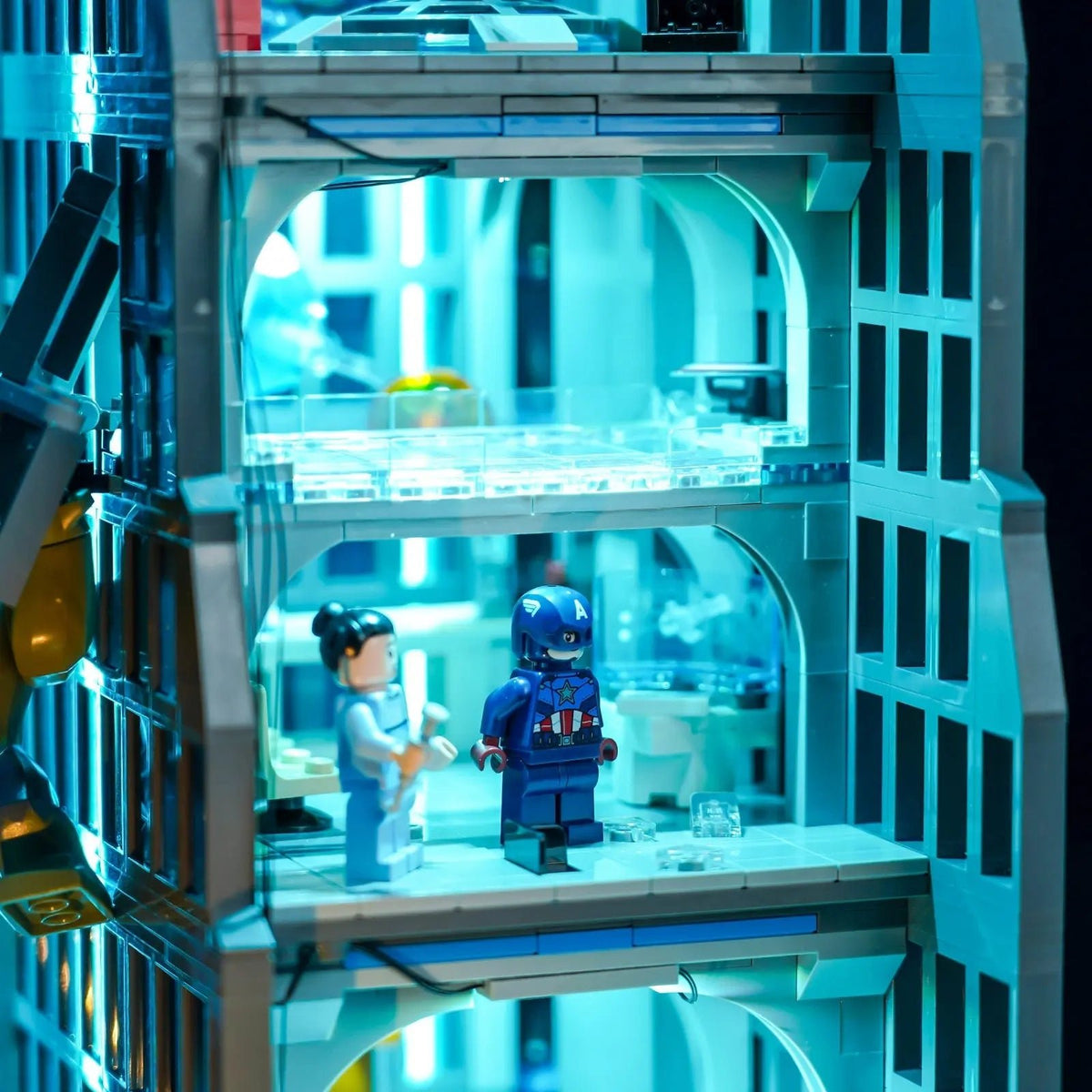 illuminated at night: Bright My Bricks RGB LED light kit for LEGO® Marvel Avengers Tower #76269