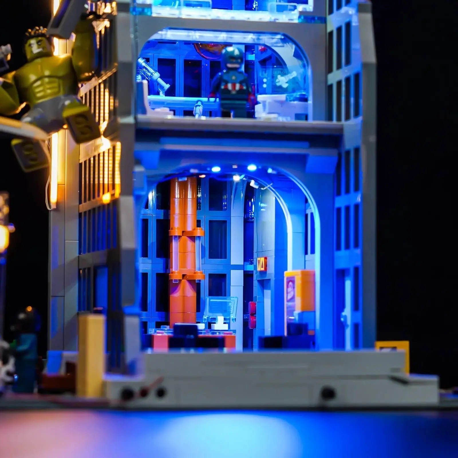 LEGO Marvel Avengers Tower #76269 lit up - front angle
