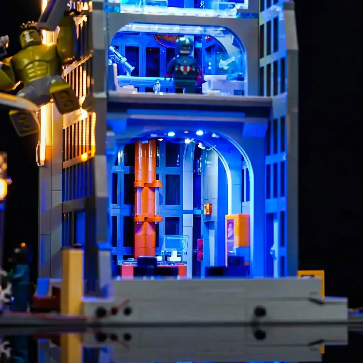 installed and glowing: Bright My Bricks DIY LED light kit for LEGO® Marvel Avengers Tower #76269