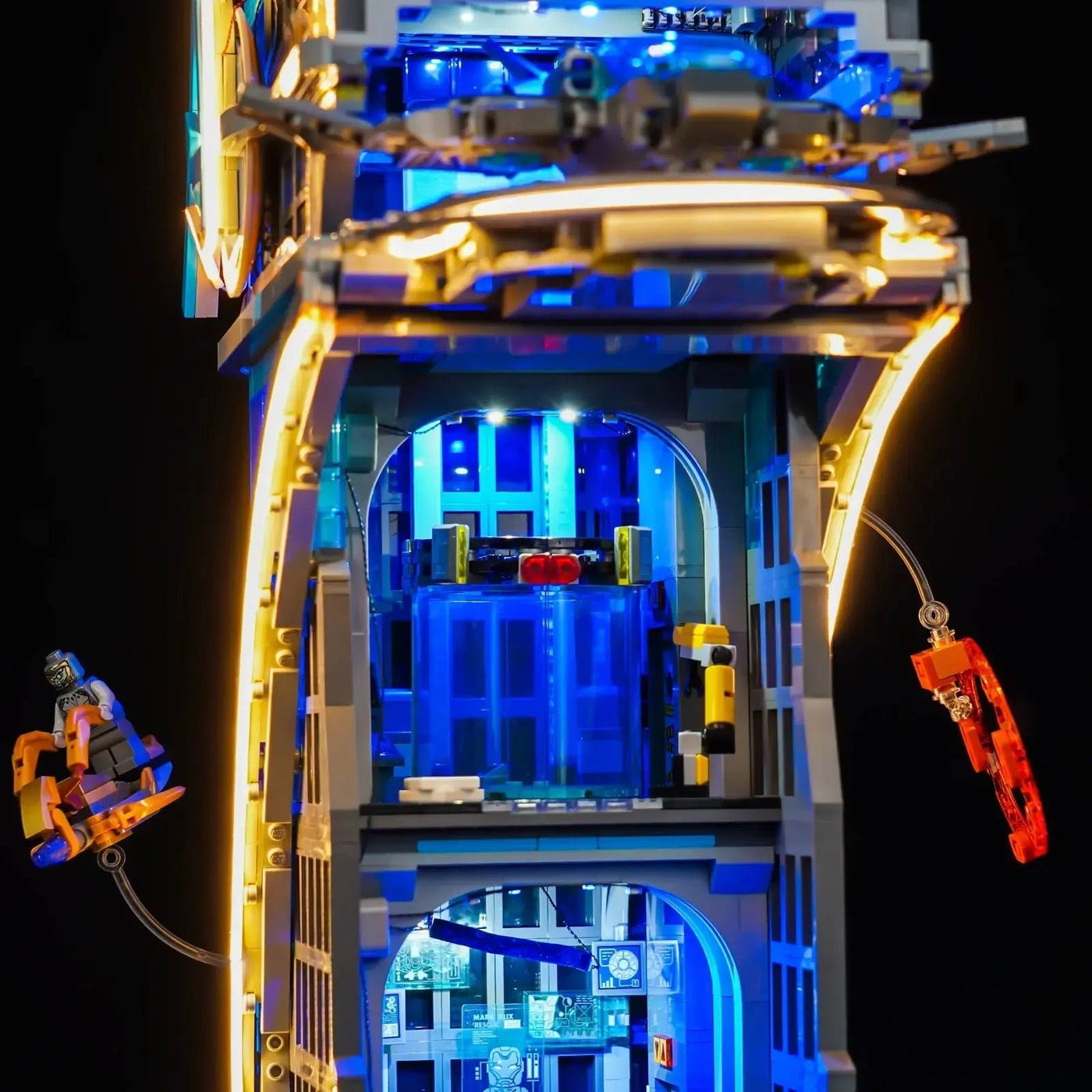 LEGO® Marvel Avengers Tower #76269 brightened interior detail, with the premium LED light kit