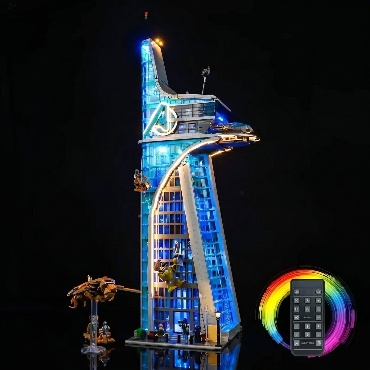 LEGO® Marvel Avengers Tower #76269 — front view fully lit (LED light kit)