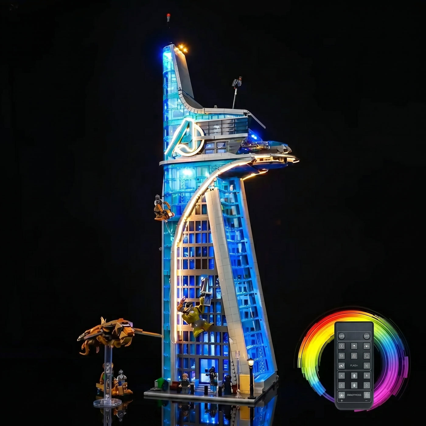 LEGO® Marvel Avengers Tower #76269 — front view fully lit (LED light kit)