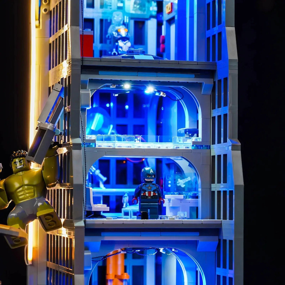 illuminated at night: Bright My Bricks RGB LED light kit for LEGO® Marvel Avengers Tower #76269
