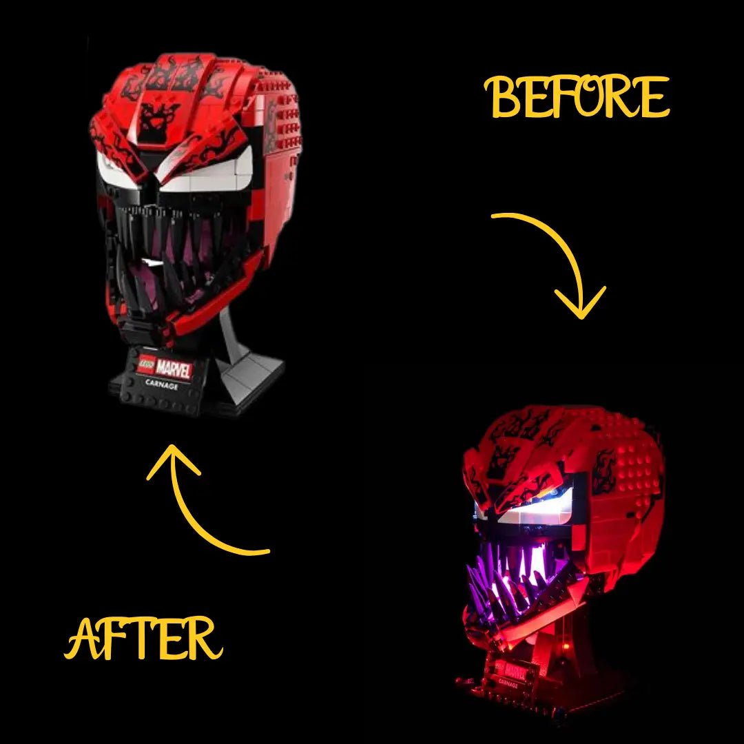 warm LED glow detail: Bright My Bricks RGB LED light kit for LEGO® Marvel Carnage #76199