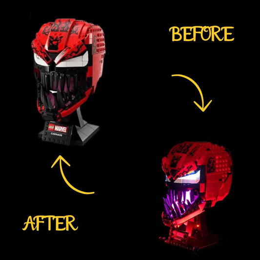 warm LED glow detail: Bright My Bricks RGB LED light kit for LEGO® Marvel Carnage #76199