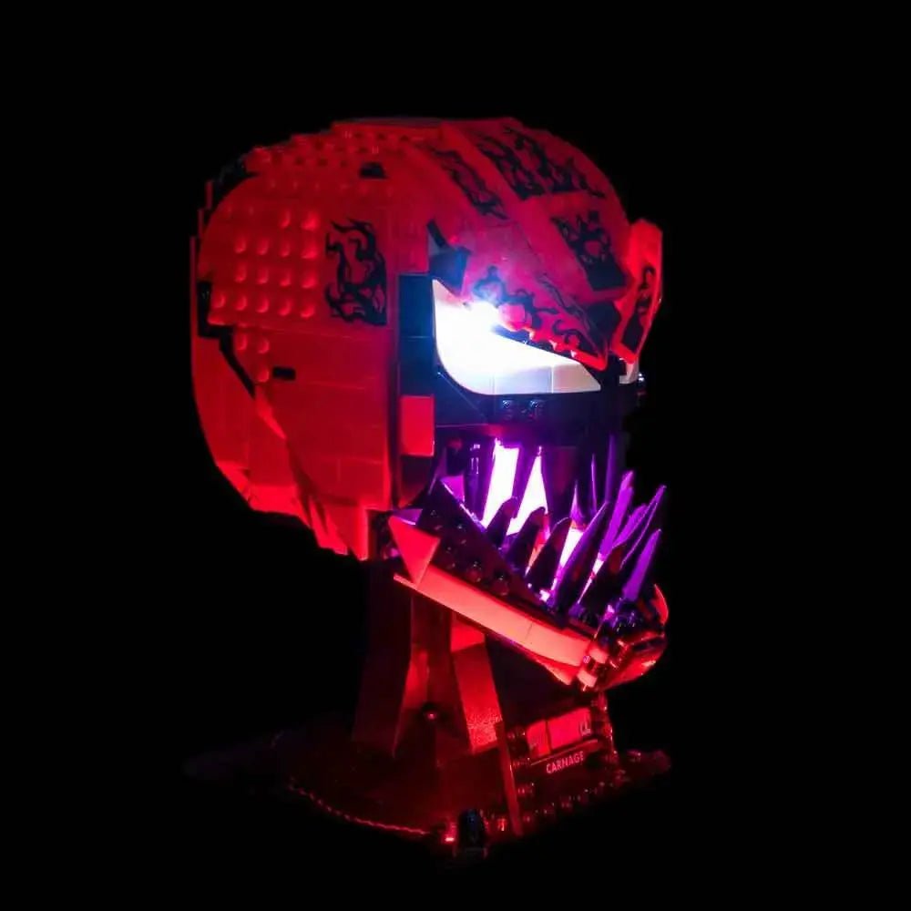 LEGO® Marvel Carnage #76199 illuminated at night, with the premium LED light kit