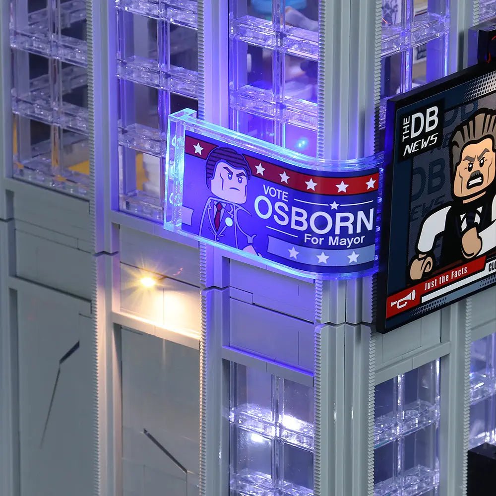 custom LED lighting for LEGO® Marvel Daily Bugle #76178, illuminated at night