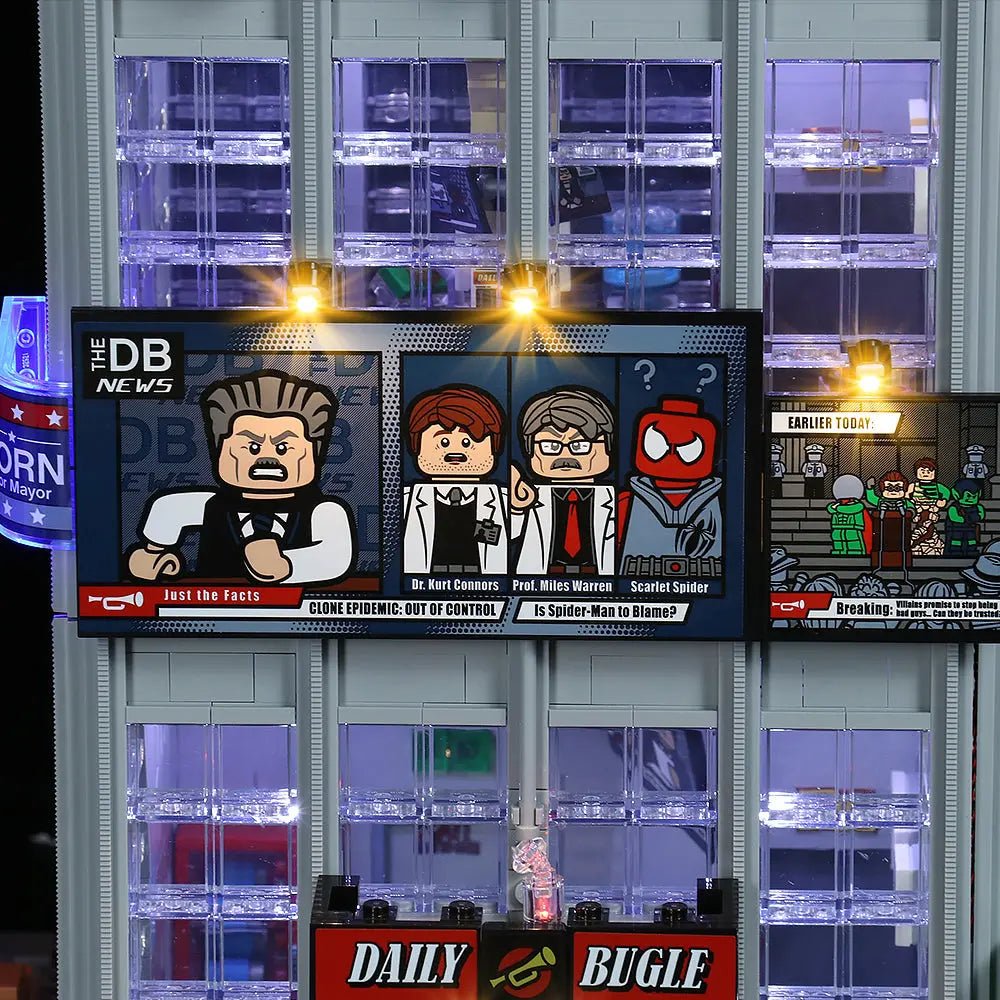 LEGO® Marvel Daily Bugle #76178 LED kit powered on, with the RGB LED light kit