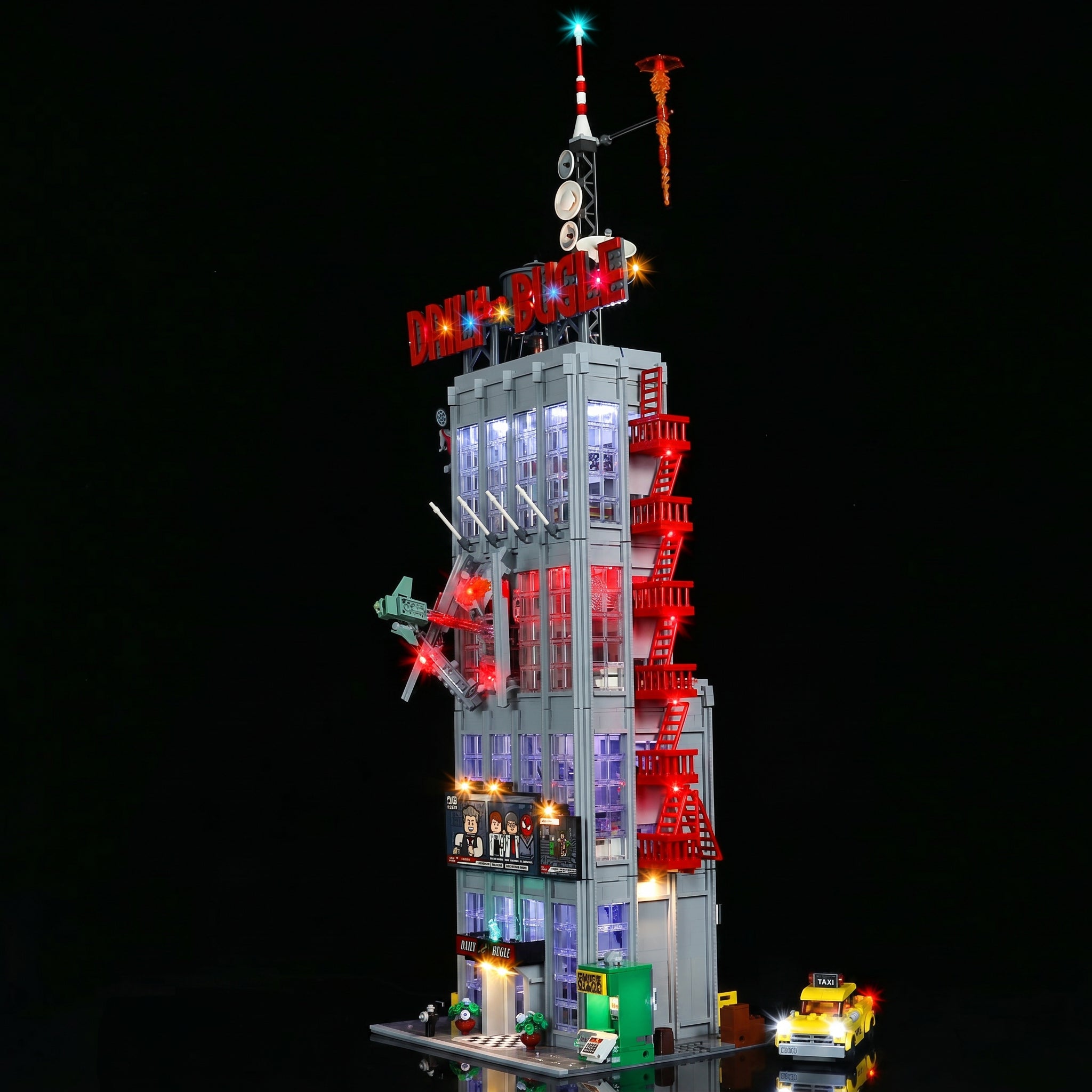 LEGO® Marvel Daily Bugle #76178 LED kit powered on, with the LED lighting kit