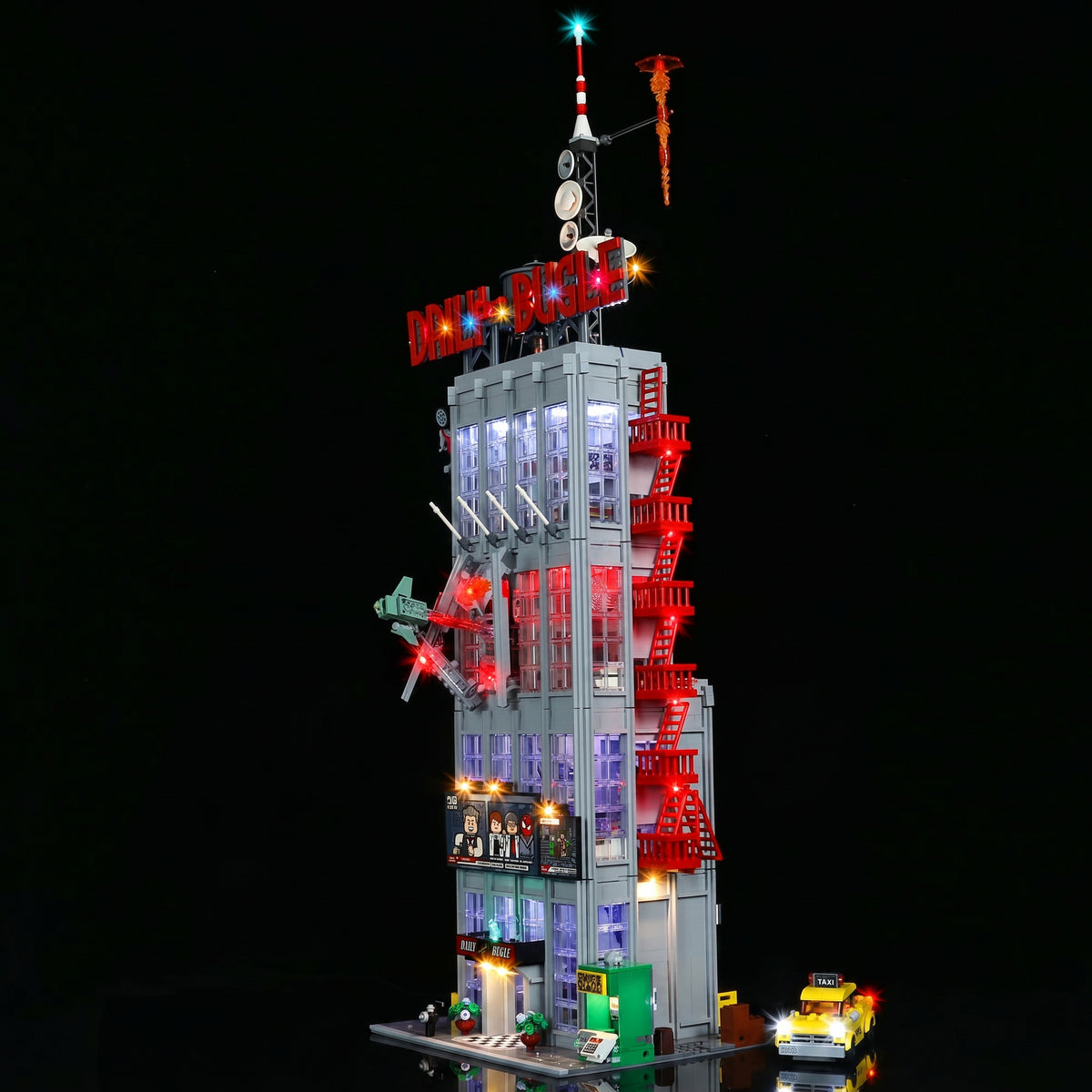 LEGO® Marvel Daily Bugle #76178 LED kit powered on, with the LED lighting kit